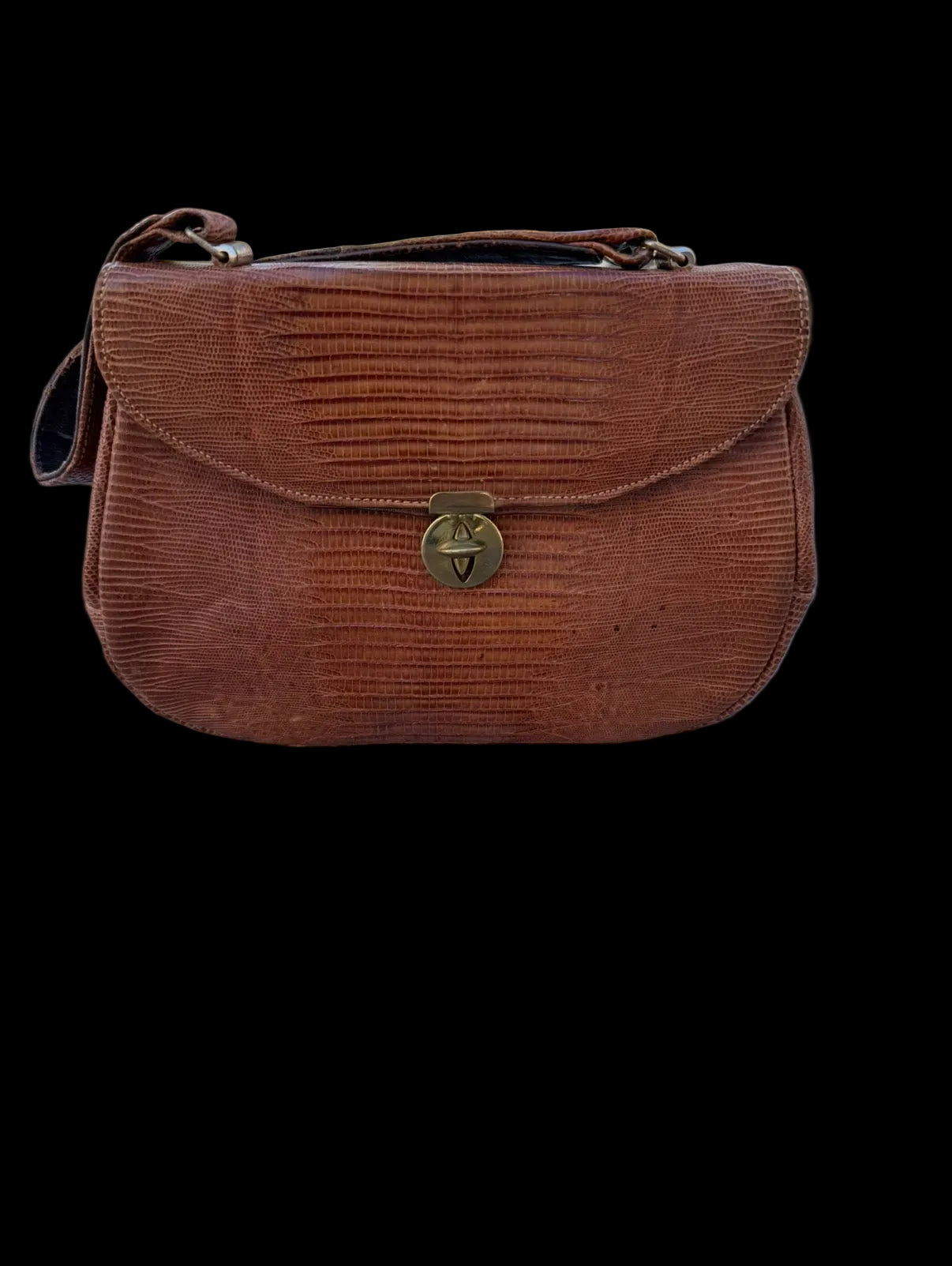 Vintage Cognac Brown Lizard-Embossed Handbag - Mid-Century Style Turn-Lock Purse