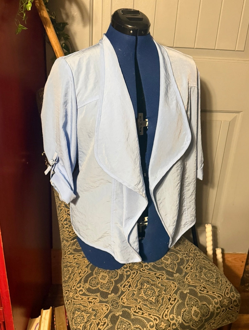 Chico’s Light Blue Draped Waterfall Jacket – Ruched 3/4 Sleeves