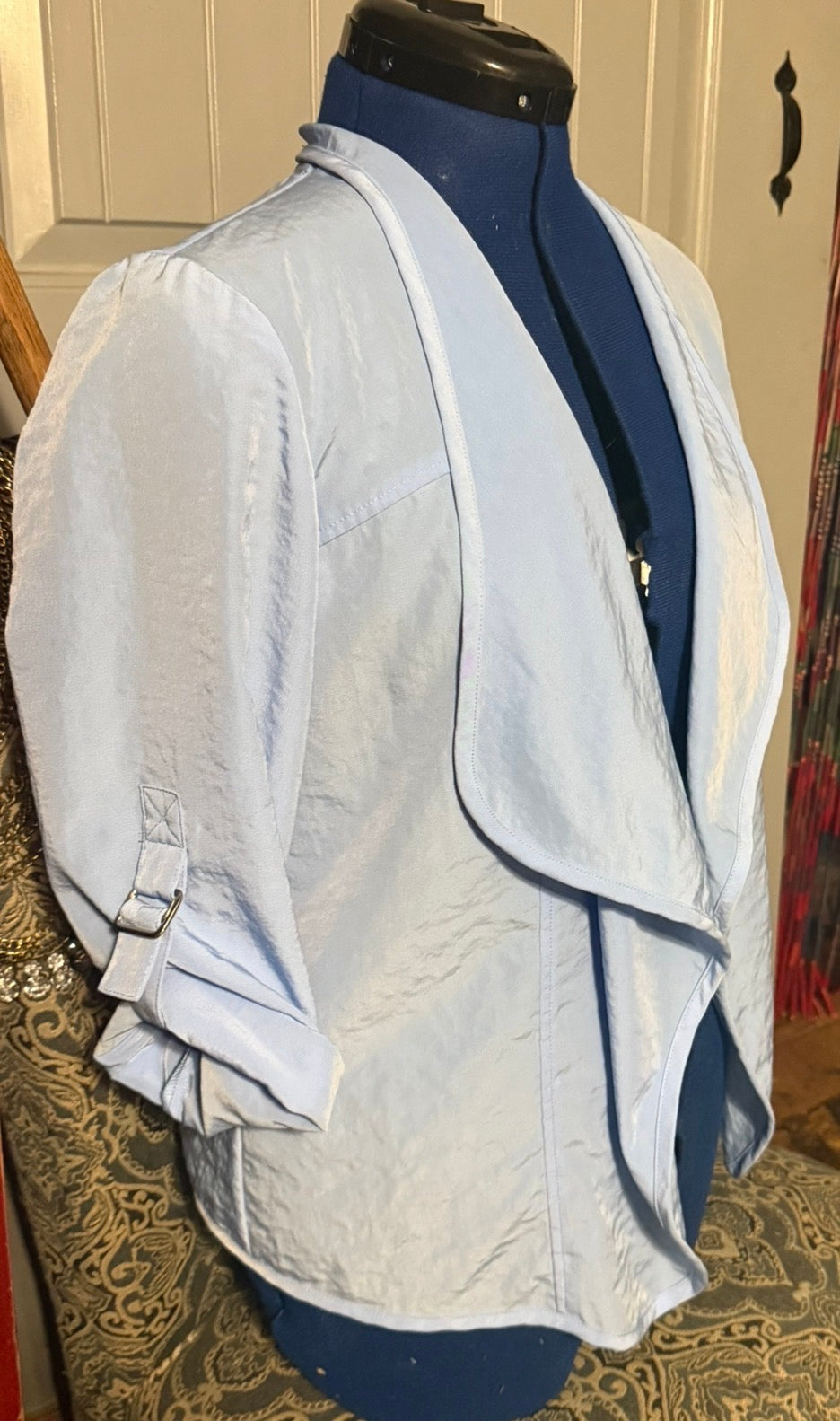 Chico’s Light Blue Draped Waterfall Jacket – Ruched 3/4 Sleeves