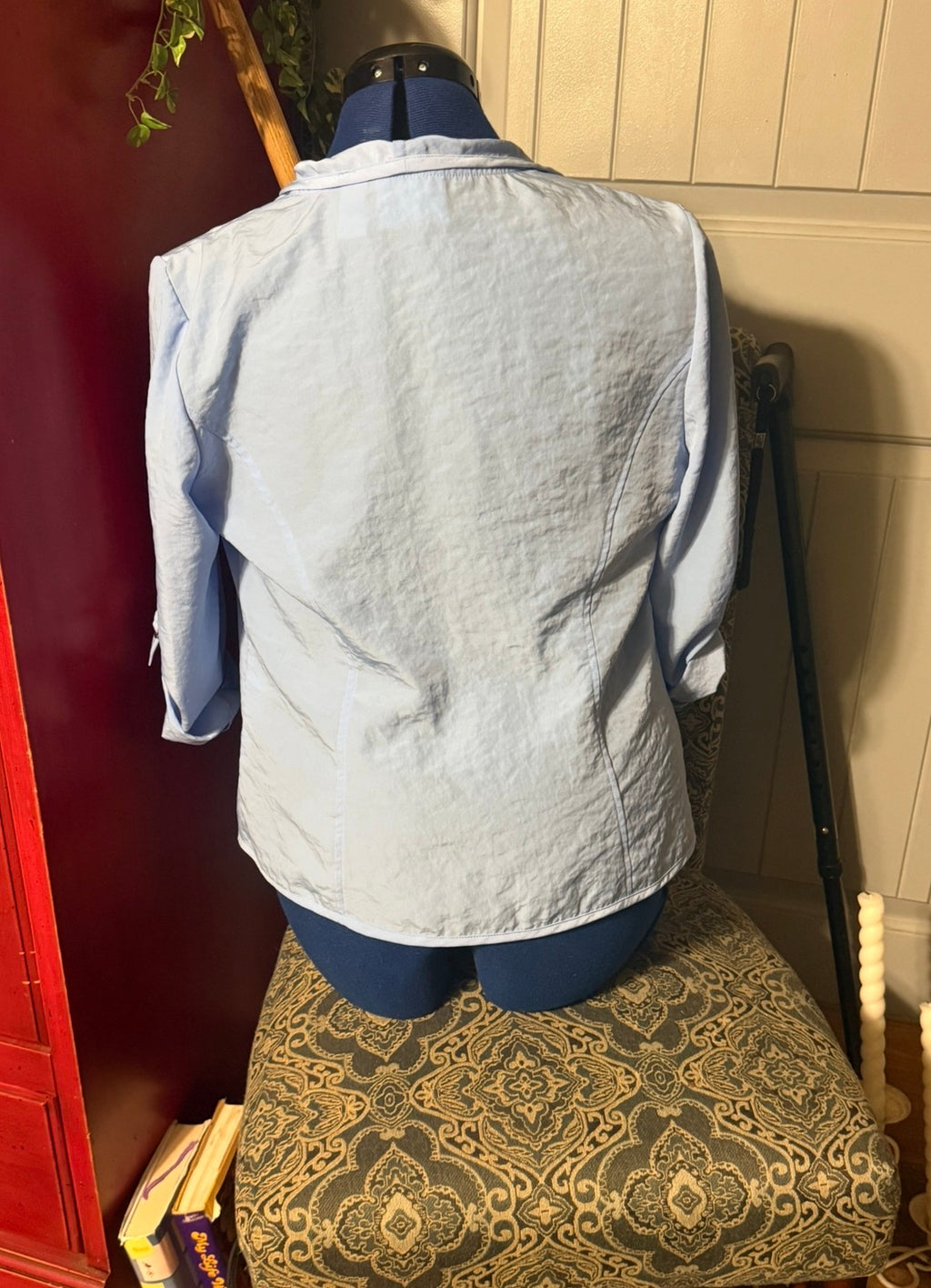 Chico’s Light Blue Draped Waterfall Jacket – Ruched 3/4 Sleeves