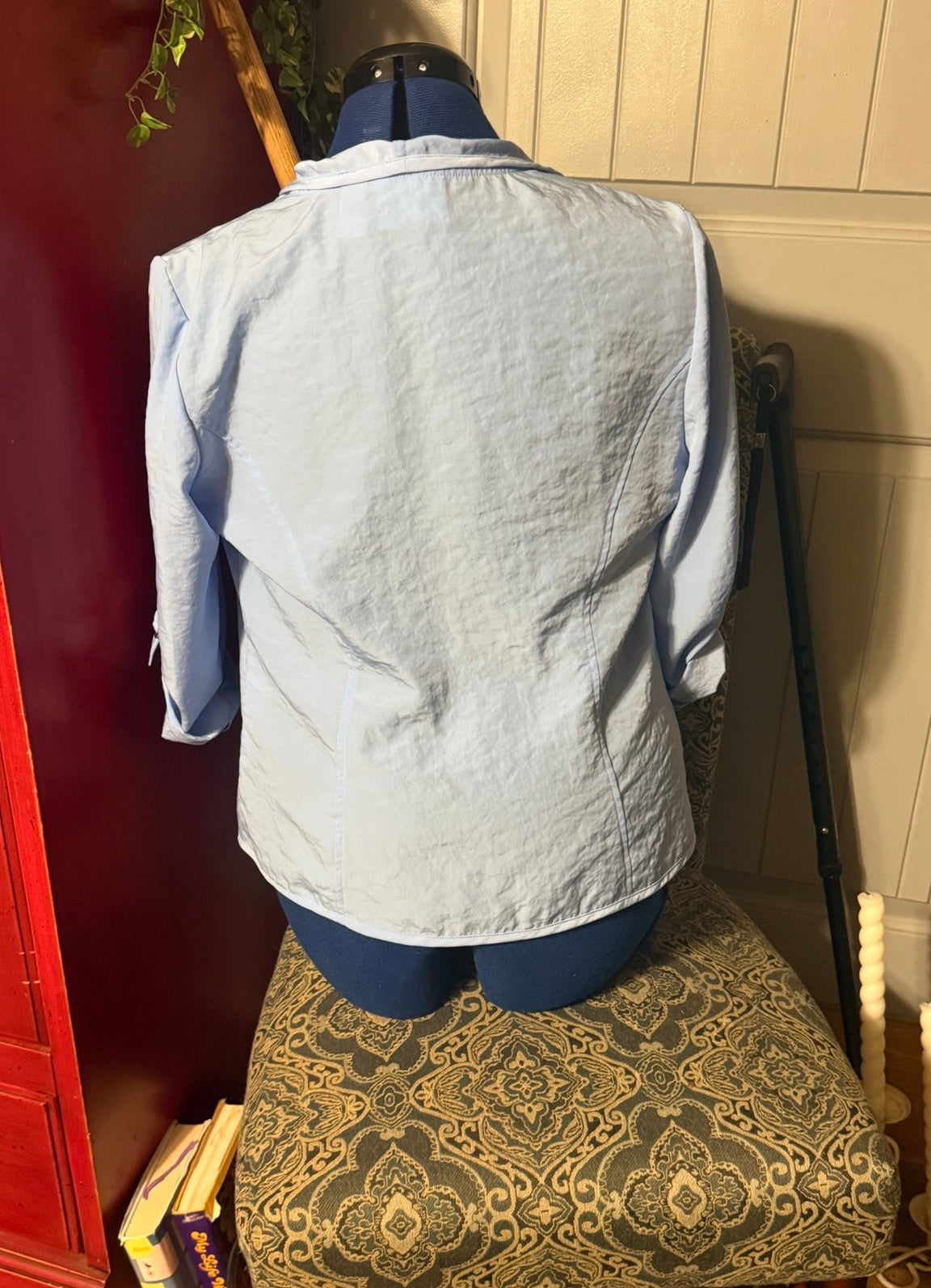 Chico’s Light Blue Draped Waterfall Jacket – Ruched 3/4 Sleeves