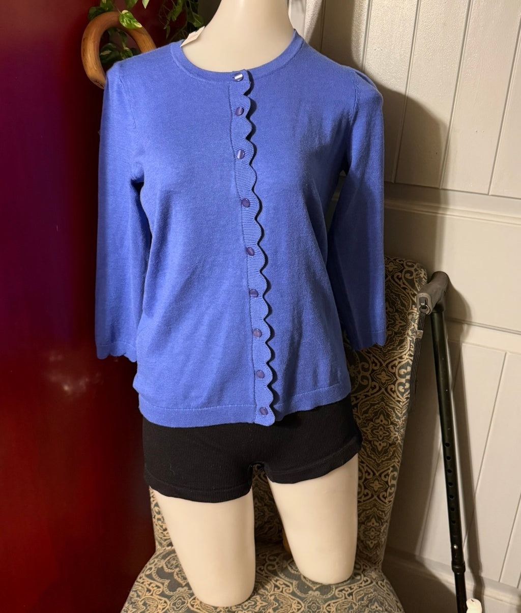 Talbots Charming Cardigan – Biscayne Blue Scallop Edge