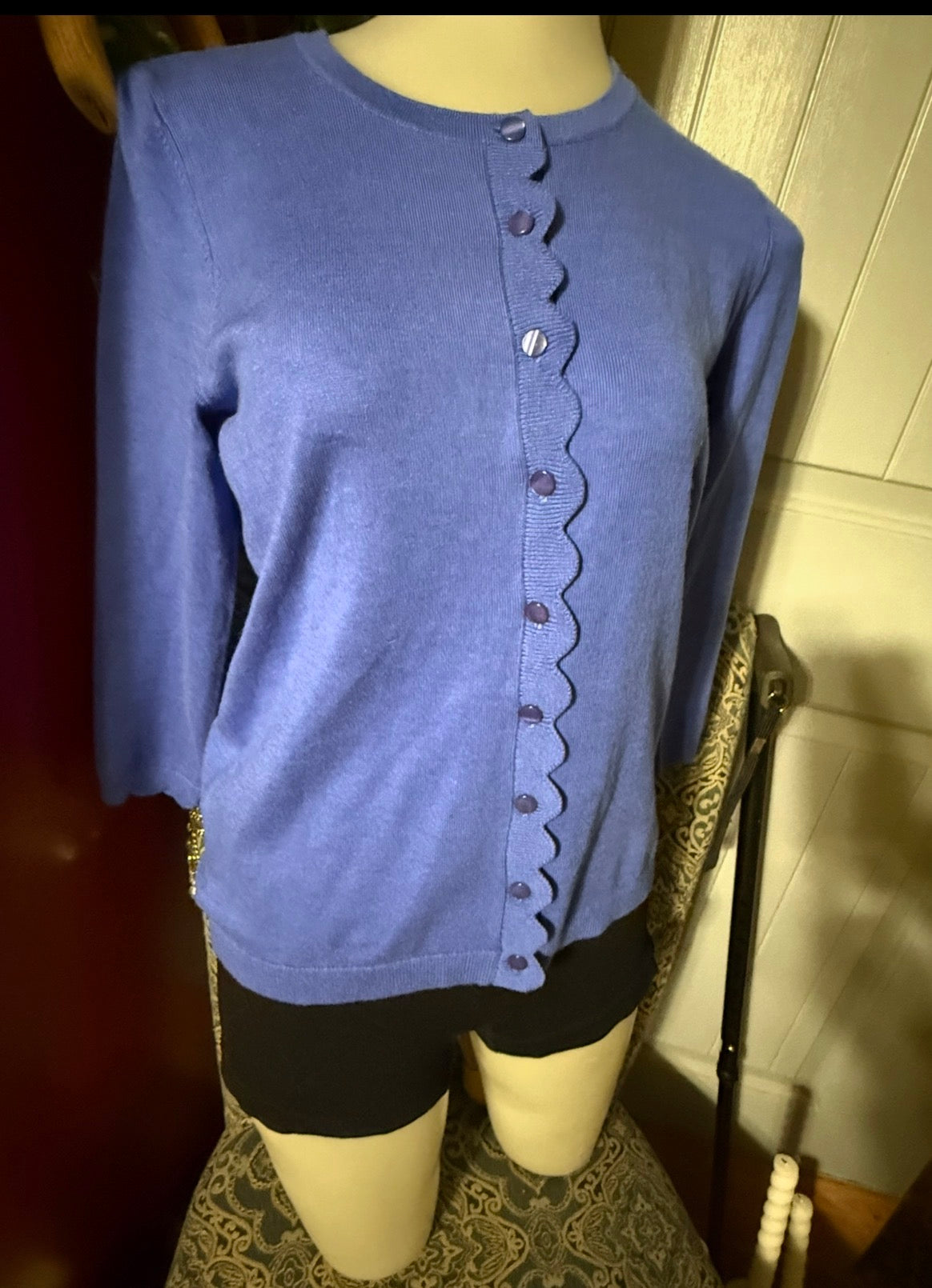 Talbots Charming Cardigan – Biscayne Blue Scallop Edge