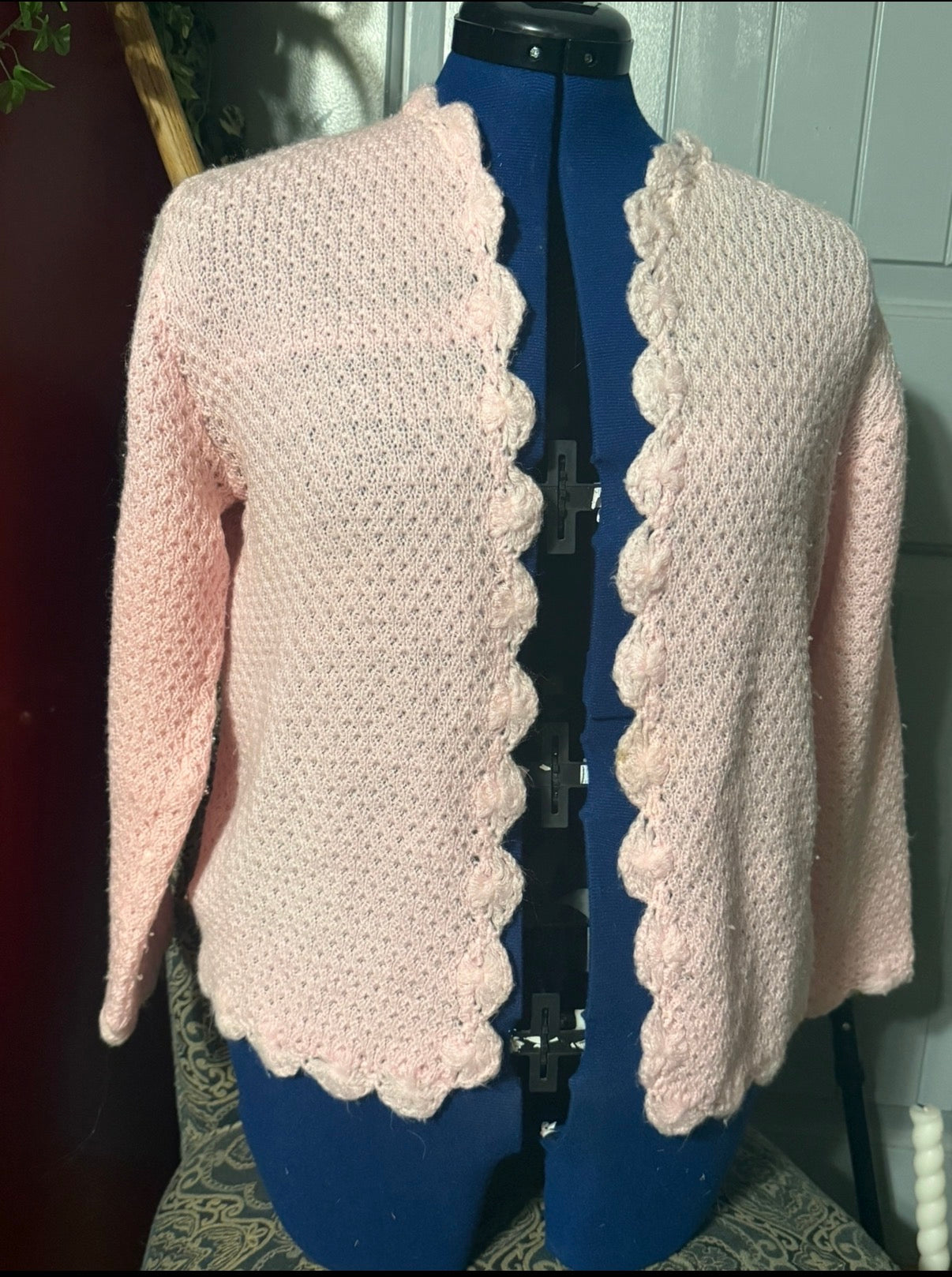 Vintage-Inspired Blush Pink Pointelle Knit Cardigan with Scalloped Trim