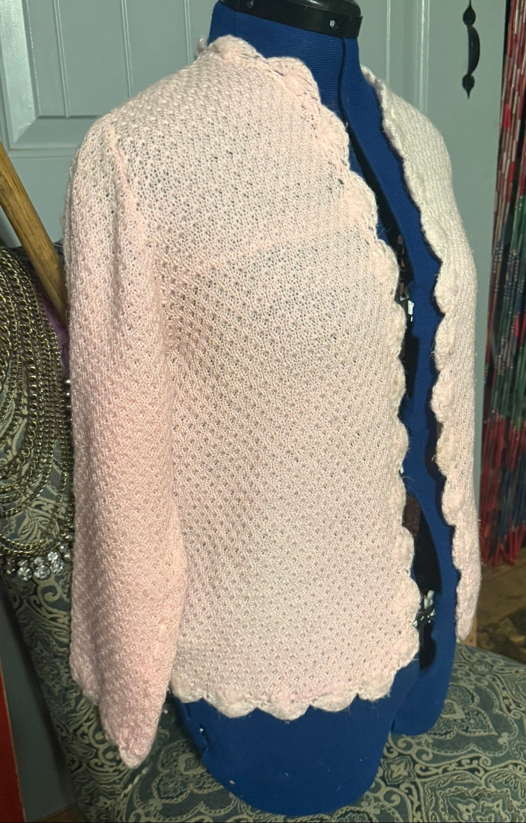 Vintage-Inspired Blush Pink Pointelle Knit Cardigan with Scalloped Trim