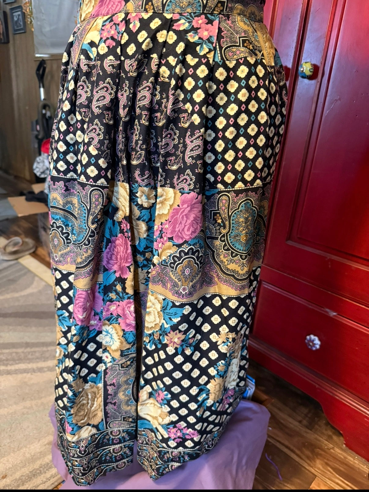 Vintage 90s Koret Patchwork Midi Skirt – Boho Paisley &amp; Floral Print