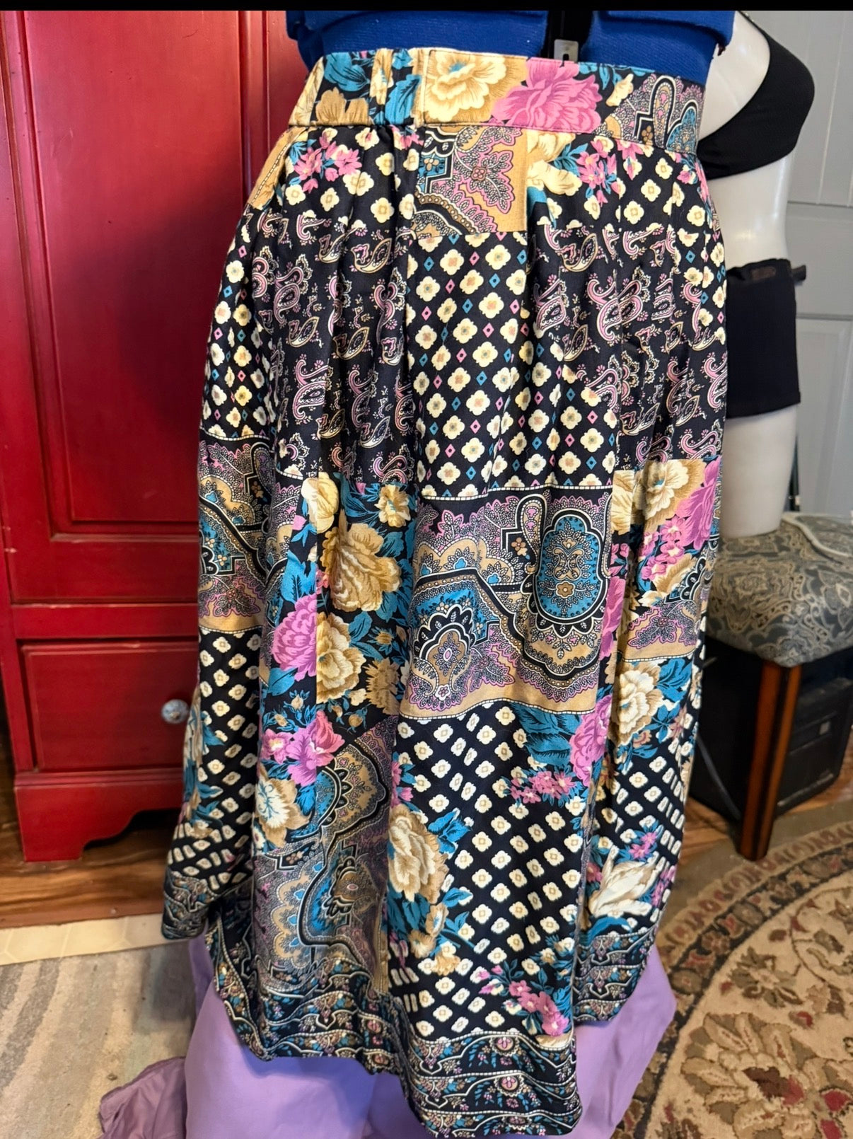 Vintage 90s Koret Patchwork Midi Skirt – Boho Paisley &amp; Floral Print