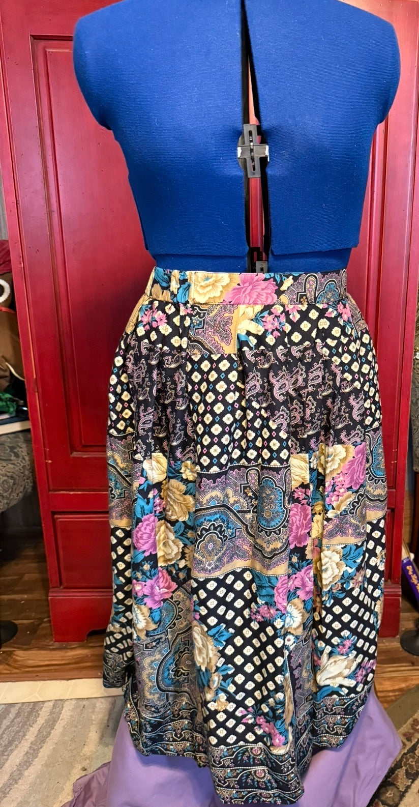 Vintage 90s Koret Patchwork Midi Skirt – Boho Paisley &amp; Floral Print