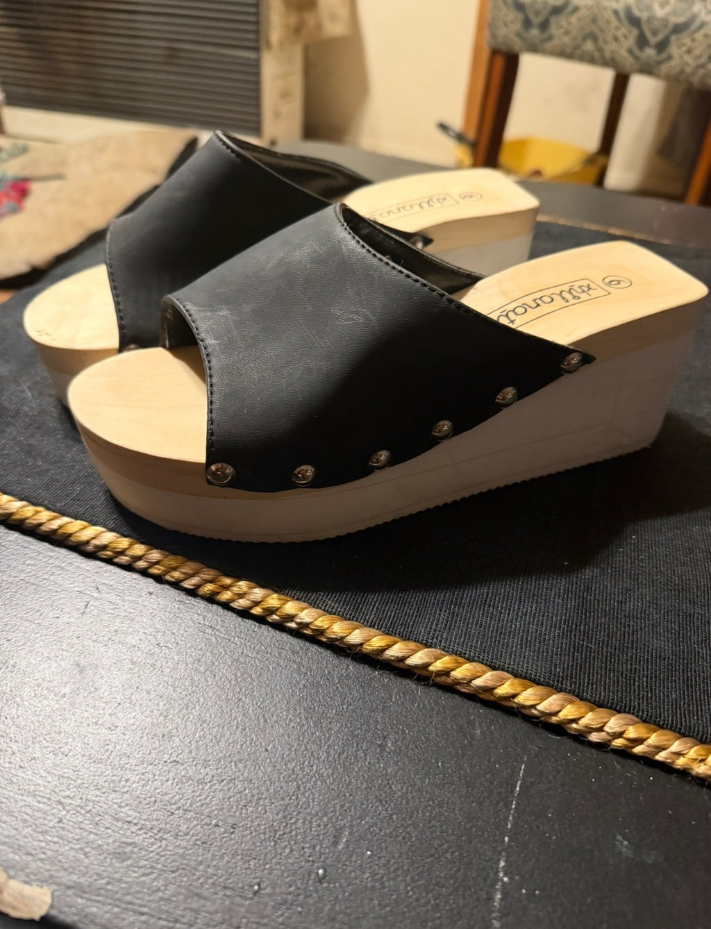 BoHo Studded Wooden Wedge Mule Heels