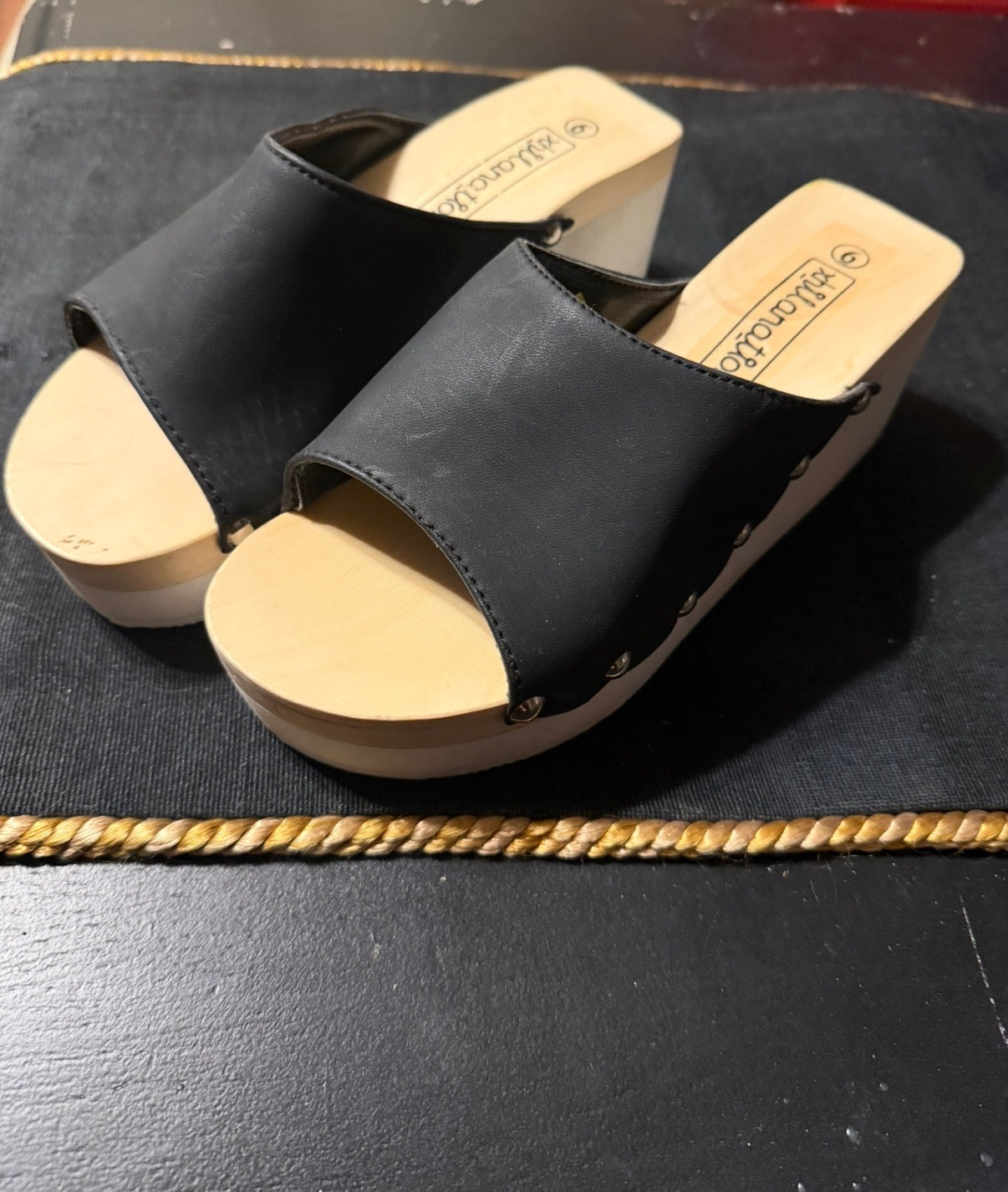 BoHo Studded Wooden Wedge Mule Heels