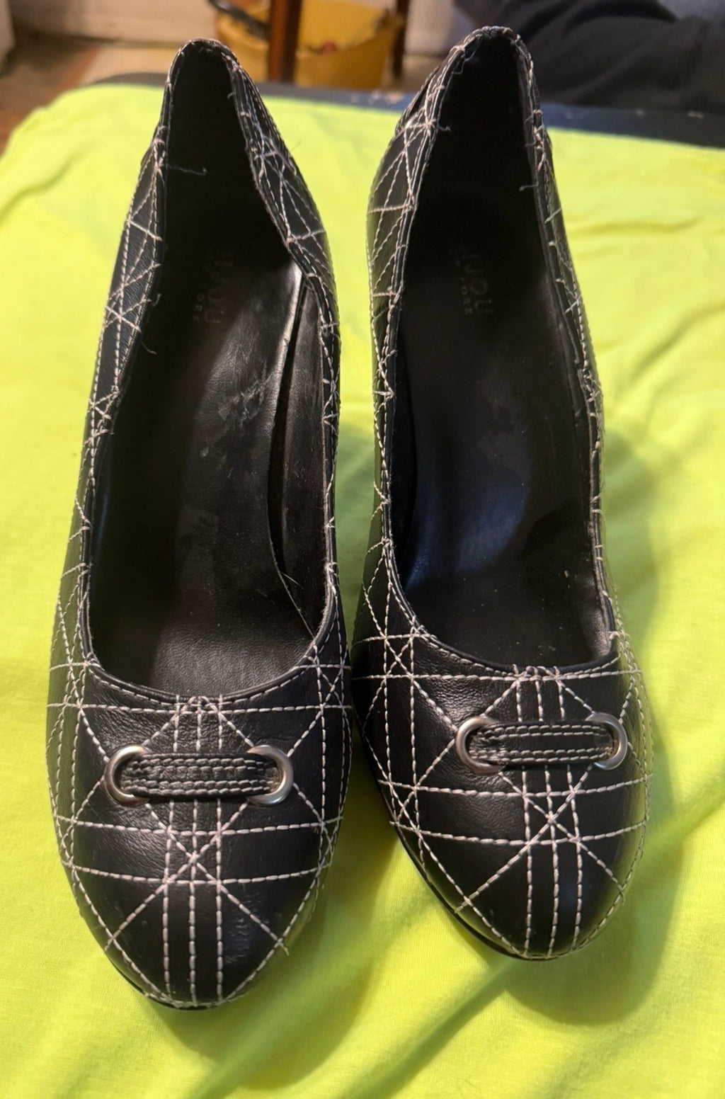 BijouNew York Black Quilted Leather Pumps- Geometric Contrast Stitch