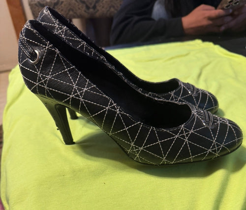 BijouNew York Black Quilted Leather Pumps- Geometric Contrast Stitch